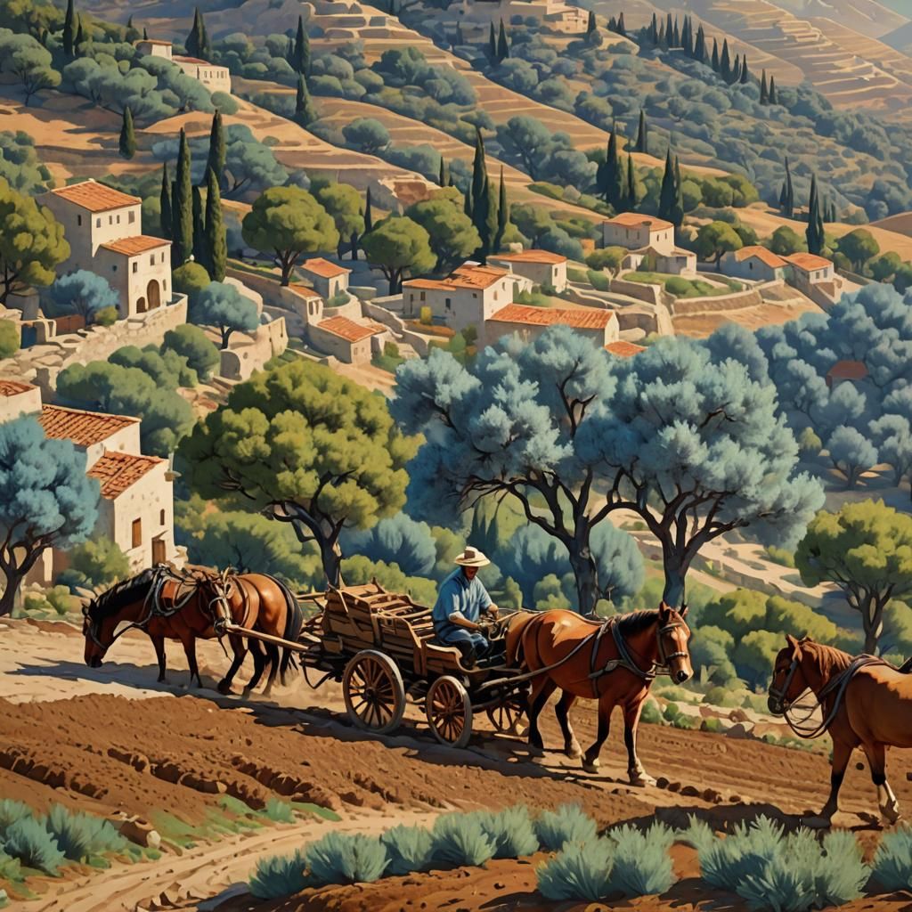 Greek Farmer Tilling Soil in Olive Grove