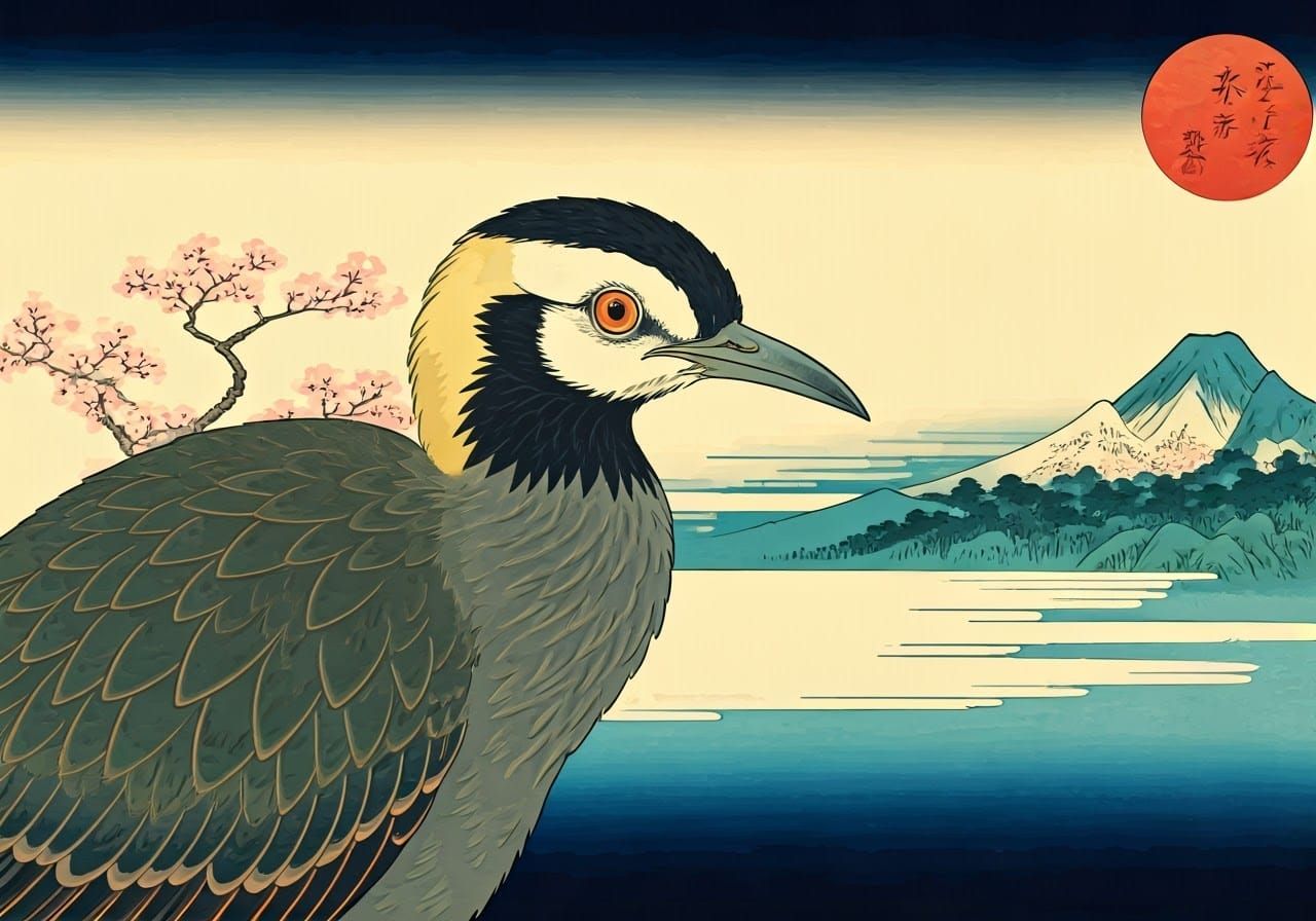 Serene Bird in Japanese Ukiyo-e Landscape