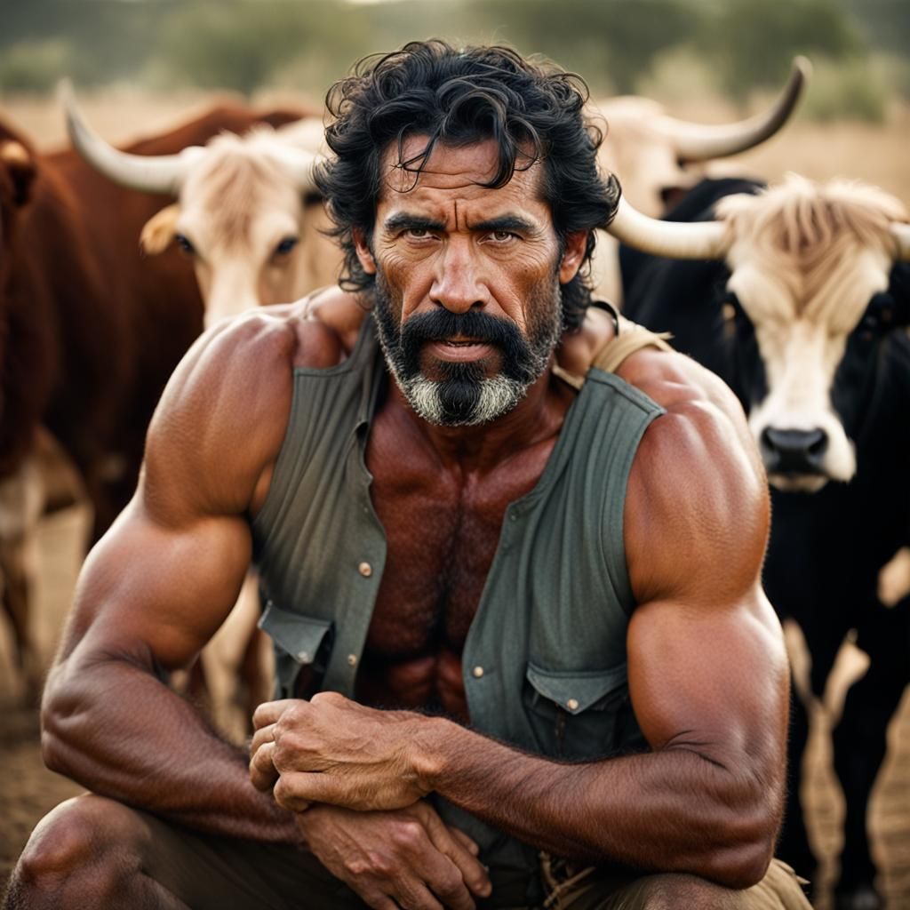 Shirtless Men Rounding Up Cattle: Professional Portrait