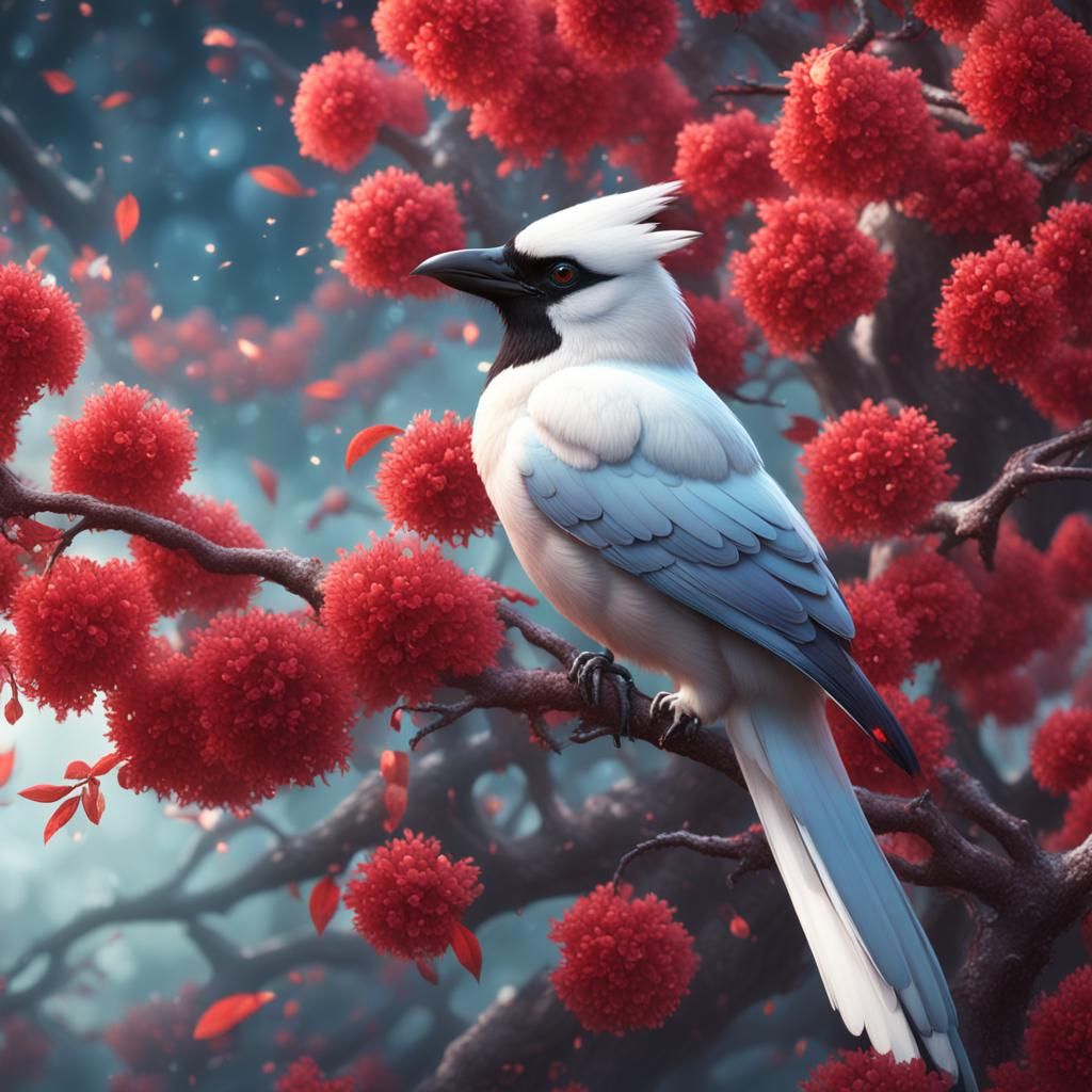 Scarlet and White Jay in Blossoming Mango Tree