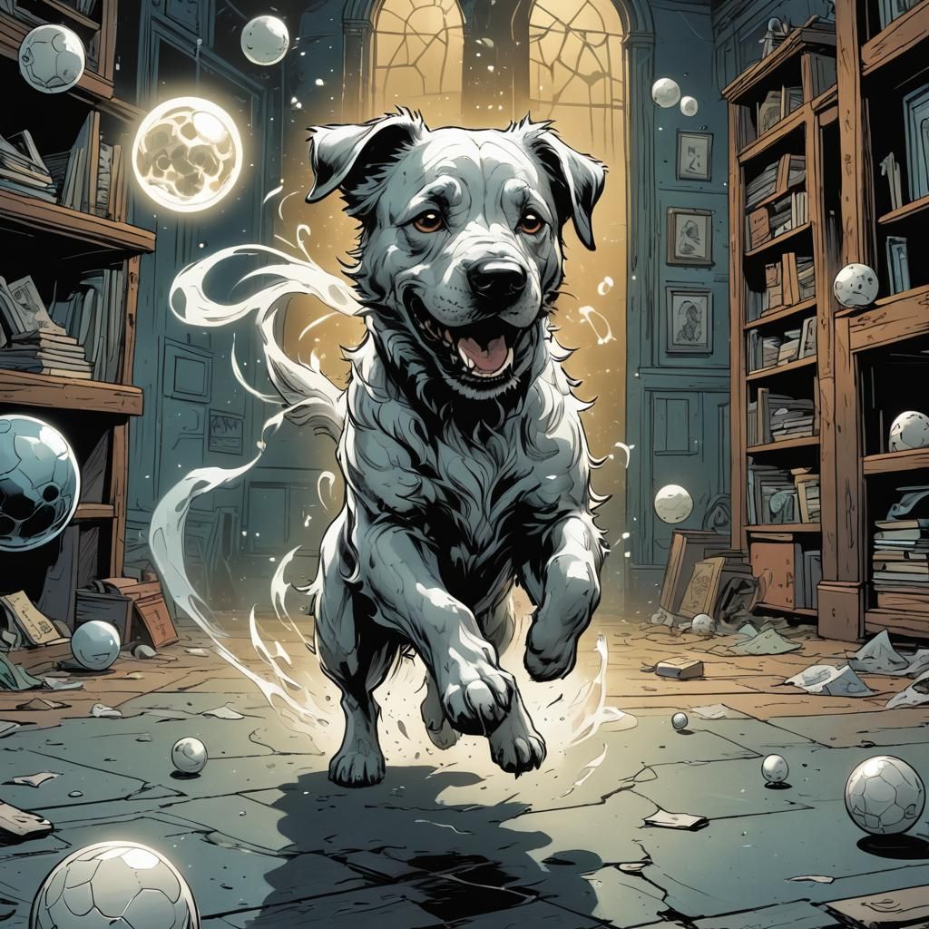 Ghostly Dog Playing Ball: Comic Book Art