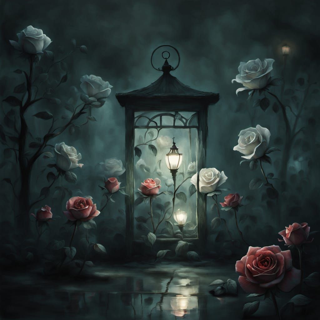 Ghostly Roses in Eerie Light, Storybook Illustration Style