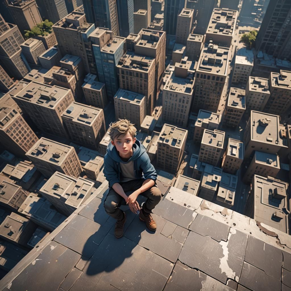 Boy on Skyscraper Roof: 3D Rendered Art