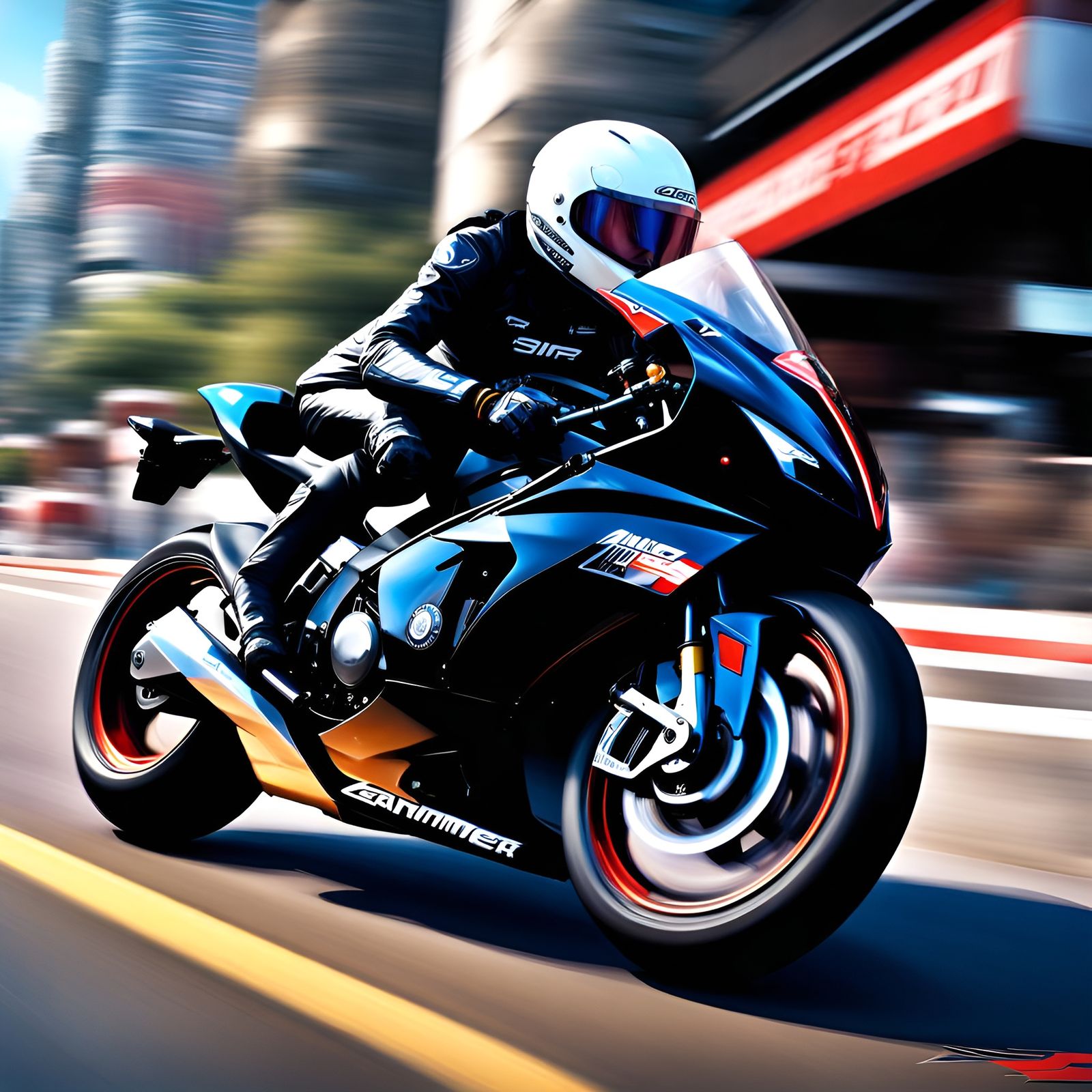 Anime Style Motorcycle Racer Speeding Through Town