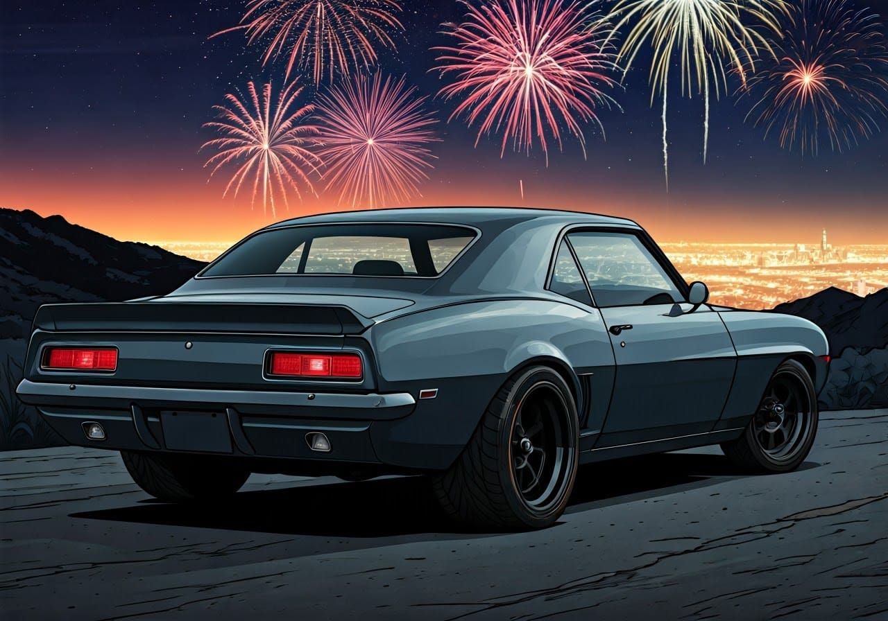 Comic Book Inspired Car Under New Year Fireworks