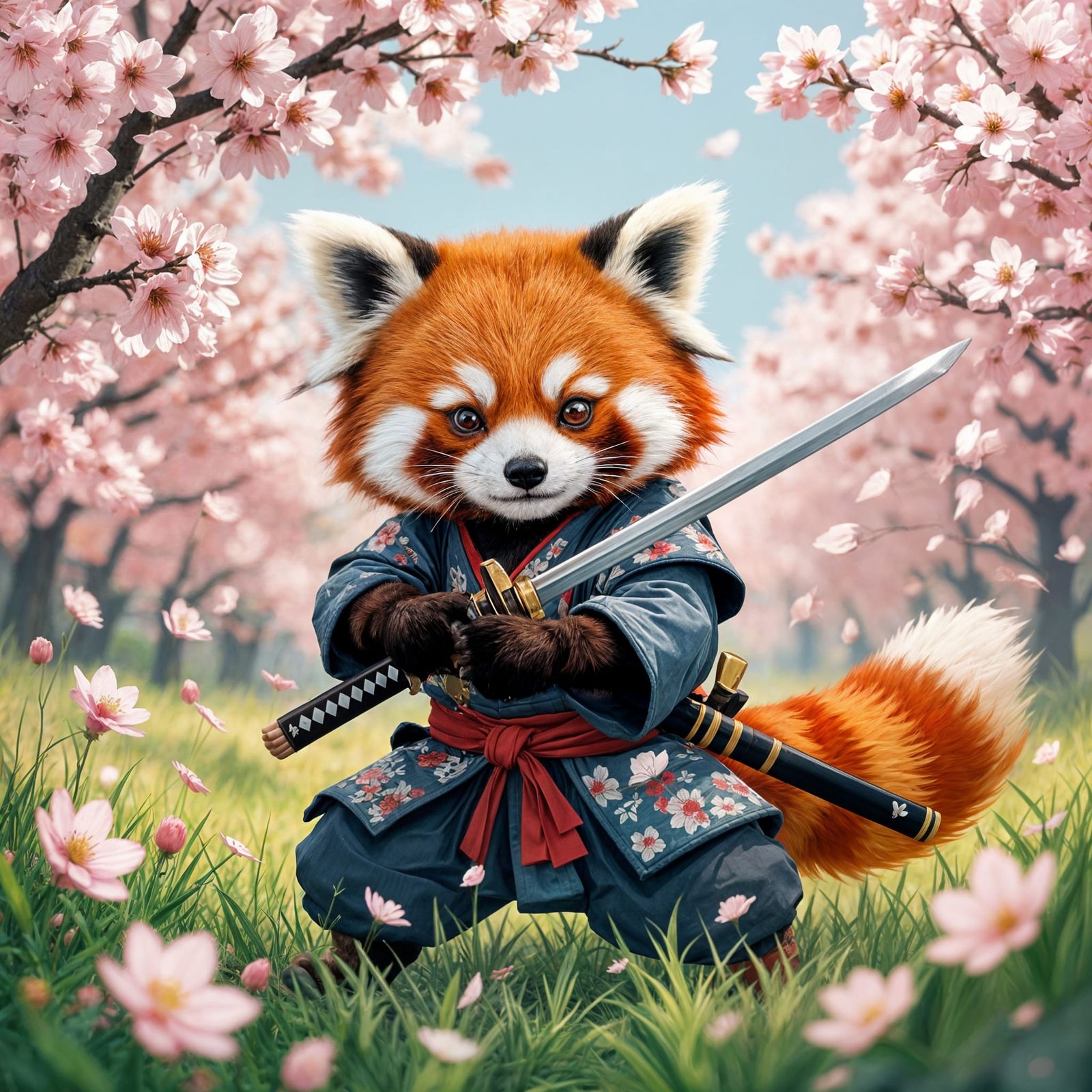 Red Panda Samurai in Cherry Blossom Field