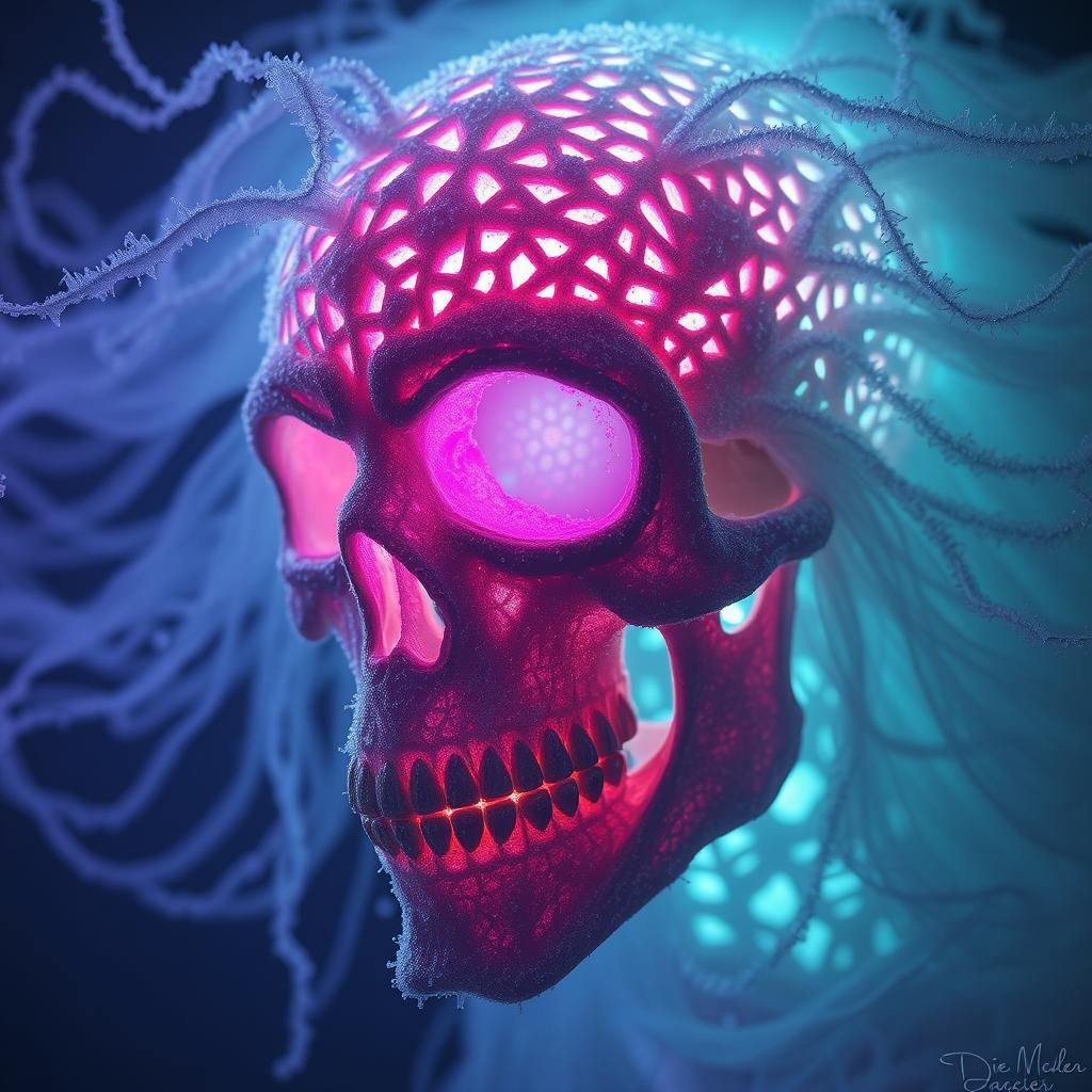Bioluminescent Woman with Frosted Skull Mask