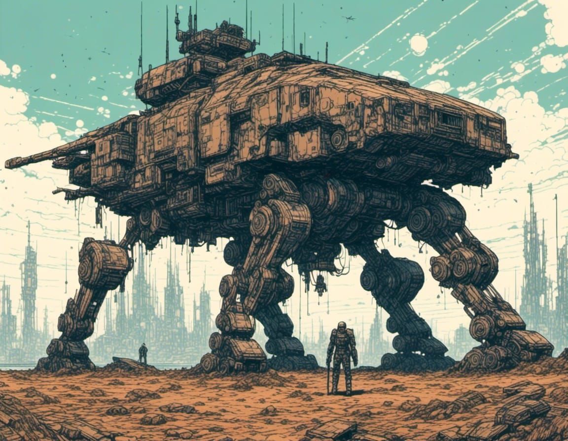 Wrecked Four-Legged Tank on Battlefield