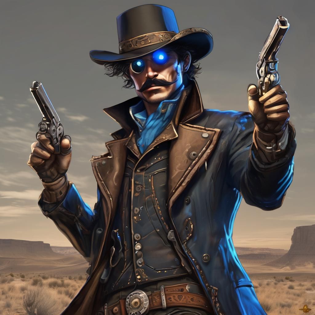 Steampunk Cowboy with Bionic Eye in Dark Fantasy Art