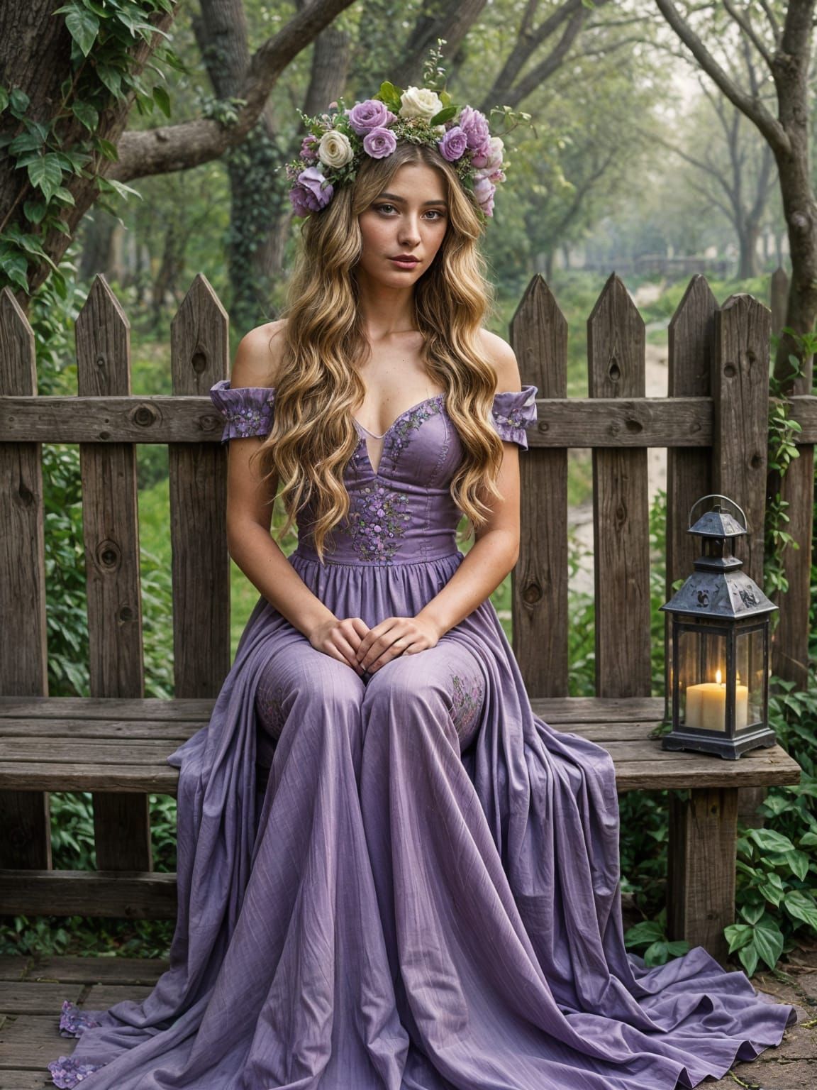 Elegant Woman in a Purple Dress in a Serene Garden