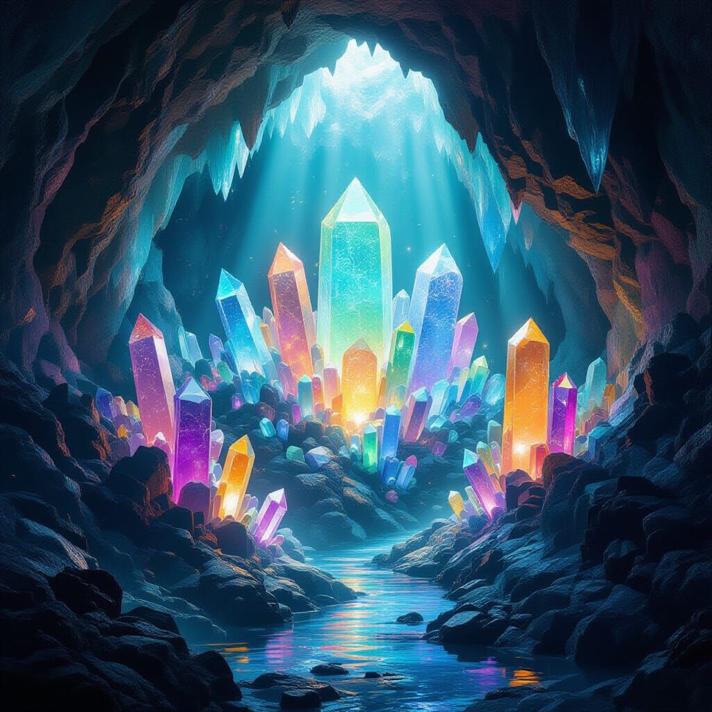Glowing Crystal Caves Under Mountain, Vibrant Digital Matte ...