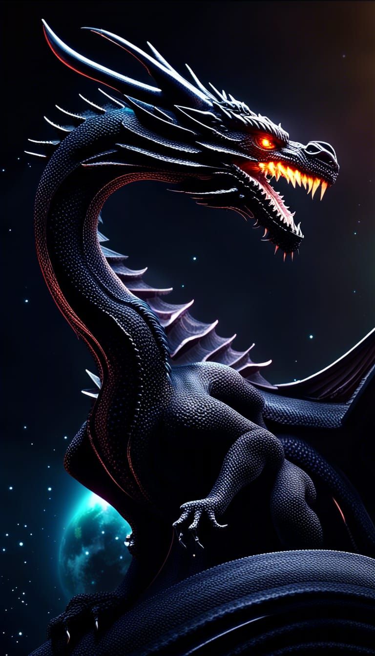Epic Black Dragon Protecting a Planet