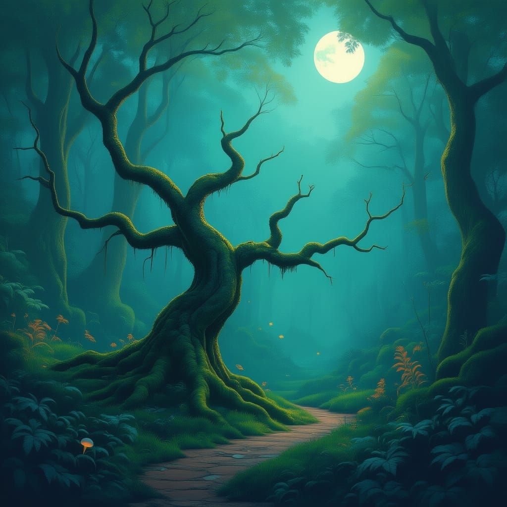 Ancient Tree Crowned with Glowing Fungi in Mystical Forest