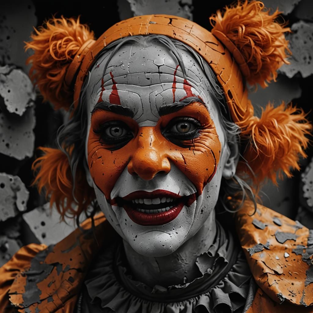 Grayscale Clown Face Melds in Biomorphic Digital Art