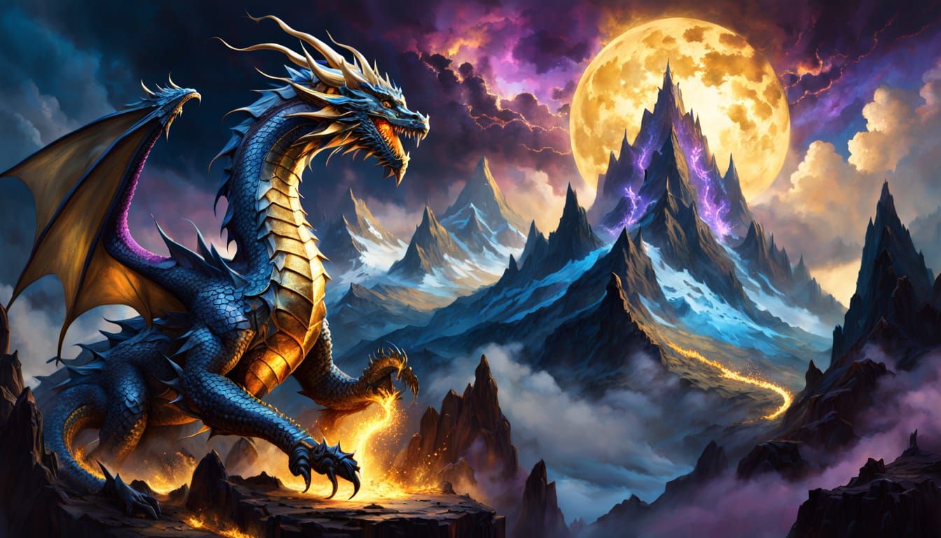 Majestic Dragon with Golden Crown on Mountain Peak, Alcohol ...