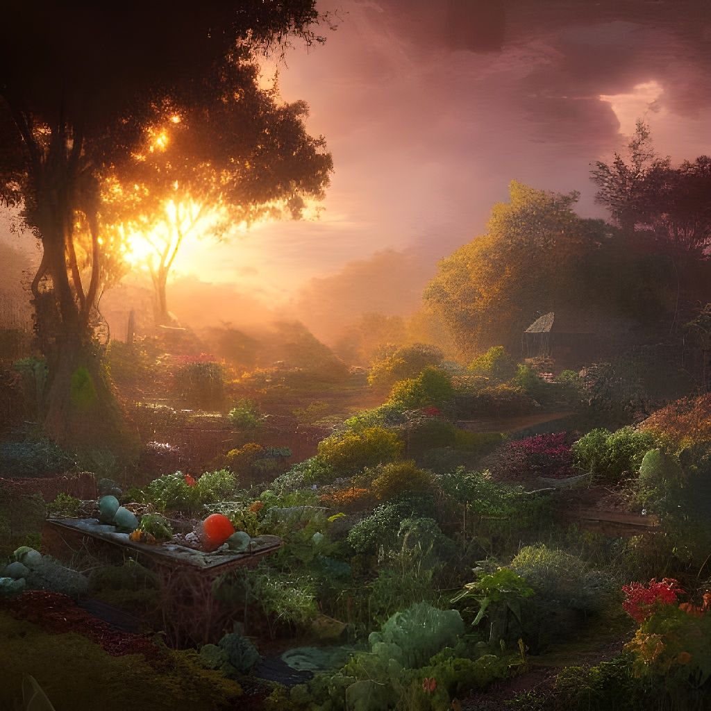 Lush Vegetable Garden at Sunset in Fantasy Art Style
