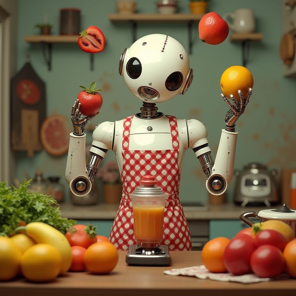 1950s Robot Juggles Fruit in Kitchen