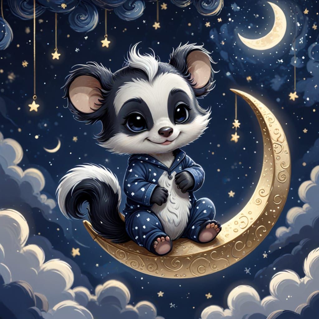 Crescent Moon Skunk in Navy Blue Night