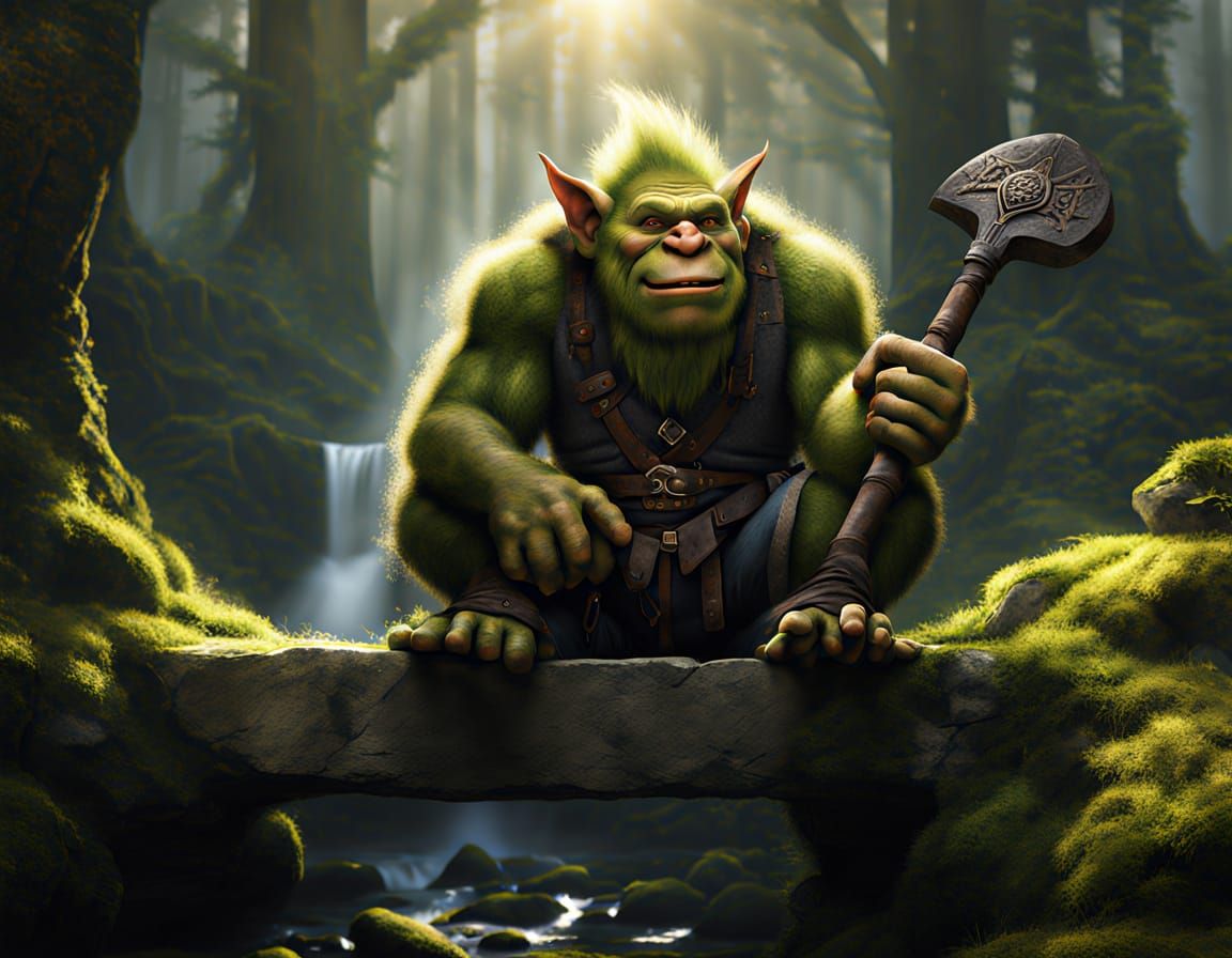 Troll Under Bridge in Misty Forest: Digital Art