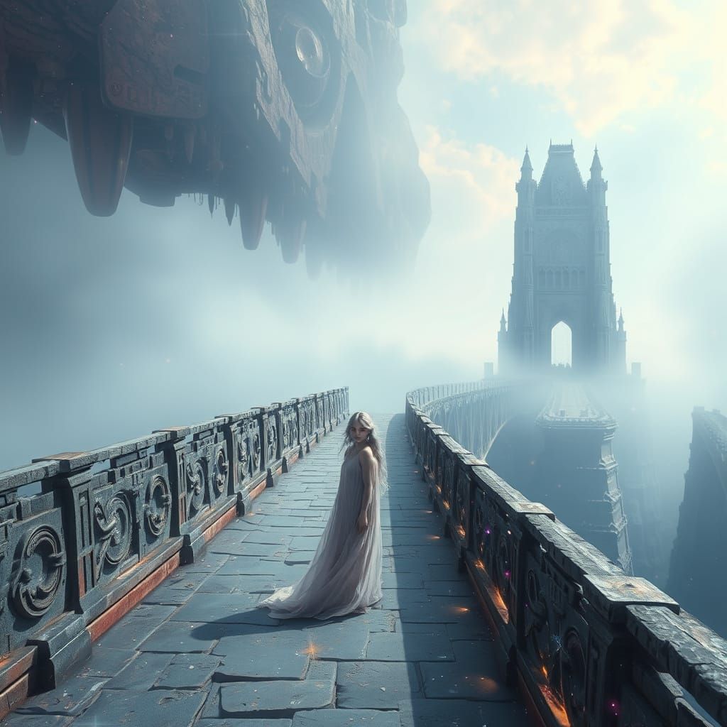 Ethereal Goddess on Infinite Bridge in Dreamlike Landscape