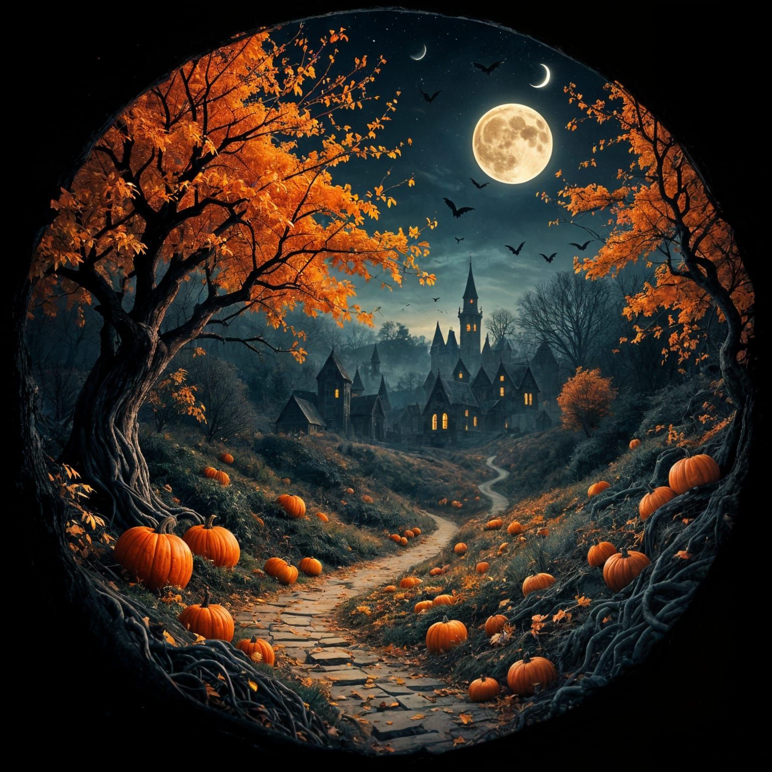 Spooky Halloween Village in Autumn Landscape