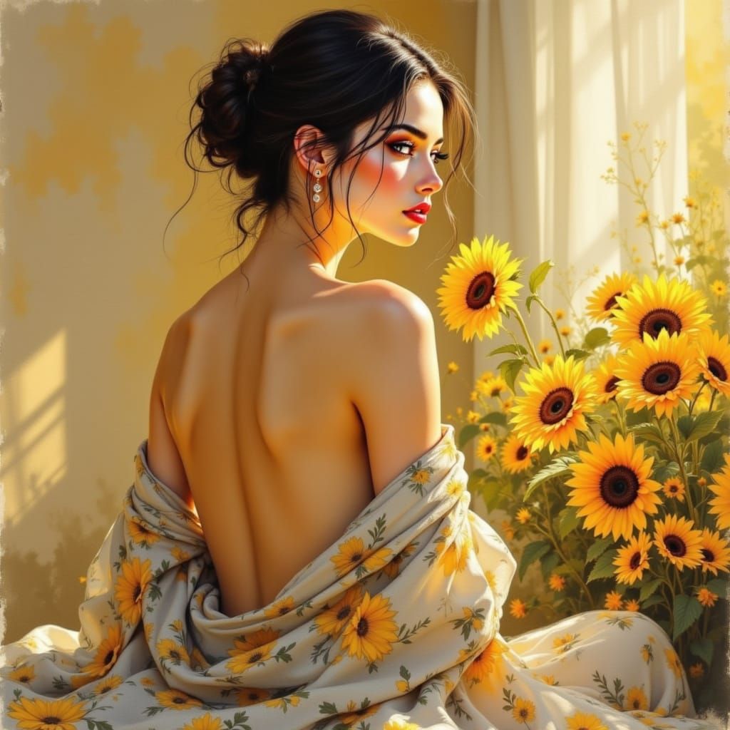 Sunlit Woman in Floral Wrap: Romantic Naturalism