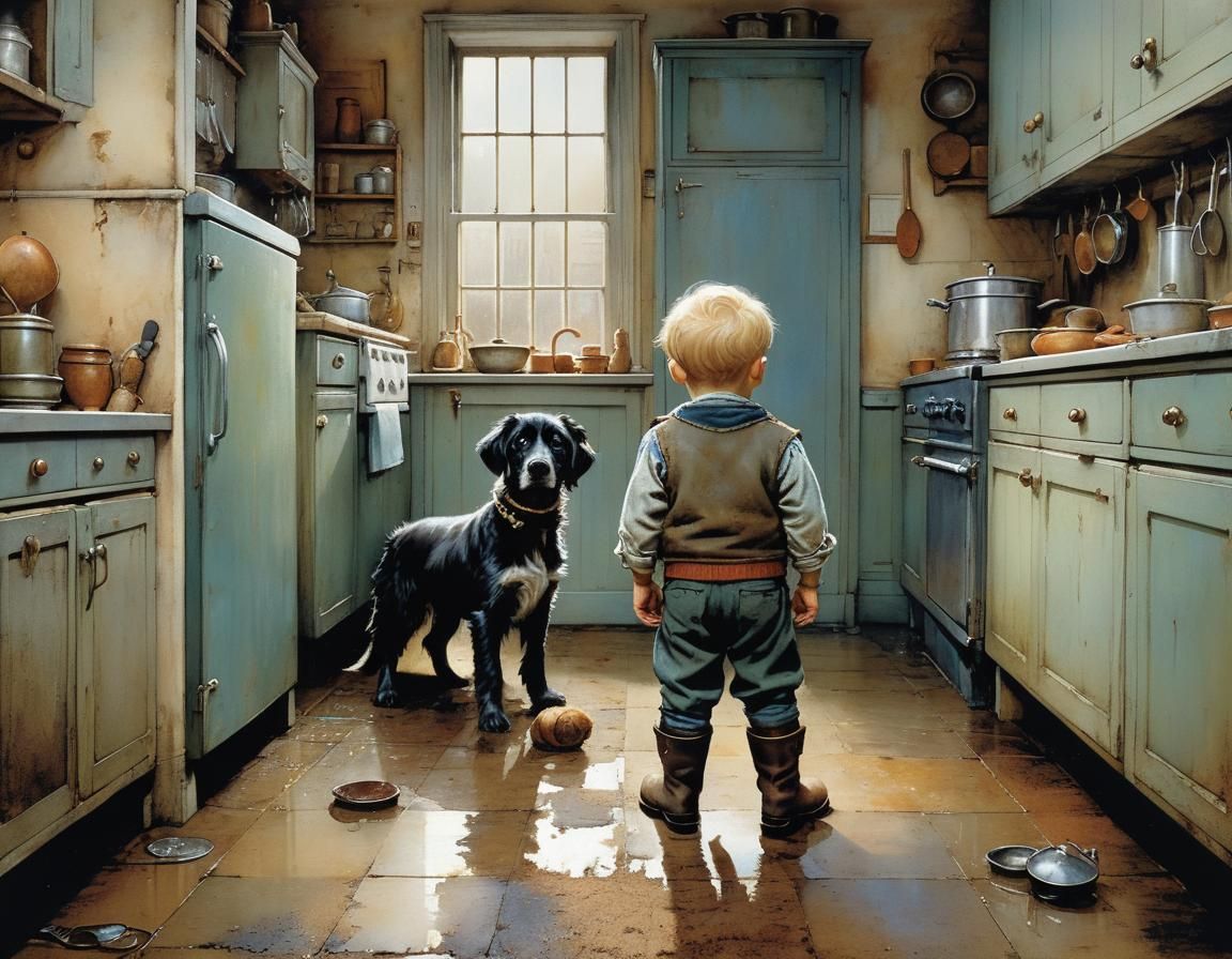 Toddler and Dog in Kitchen, Detailed Watercolor Style
