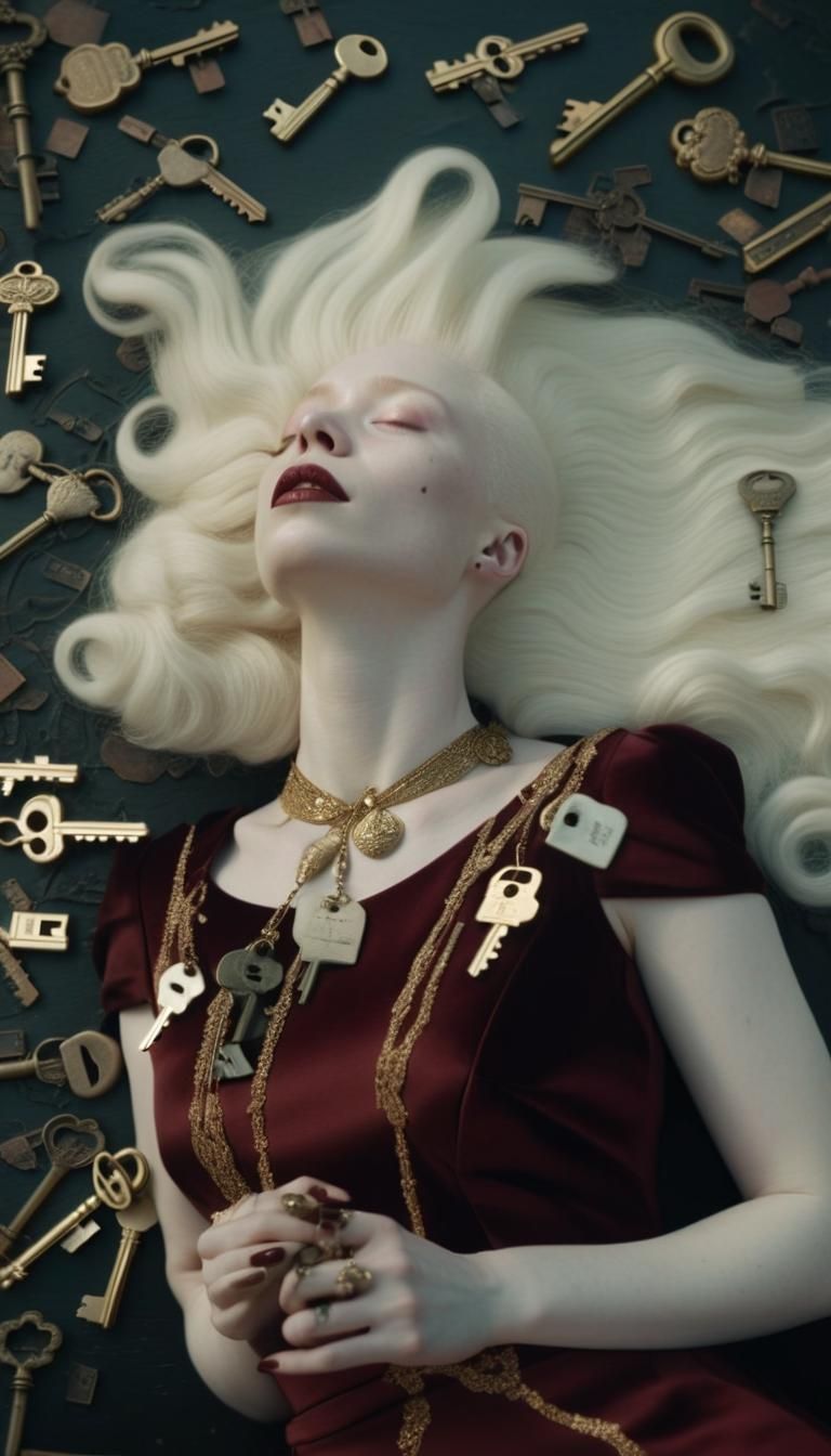 Surreal Albino Woman with Keys in Dreamlike Scene