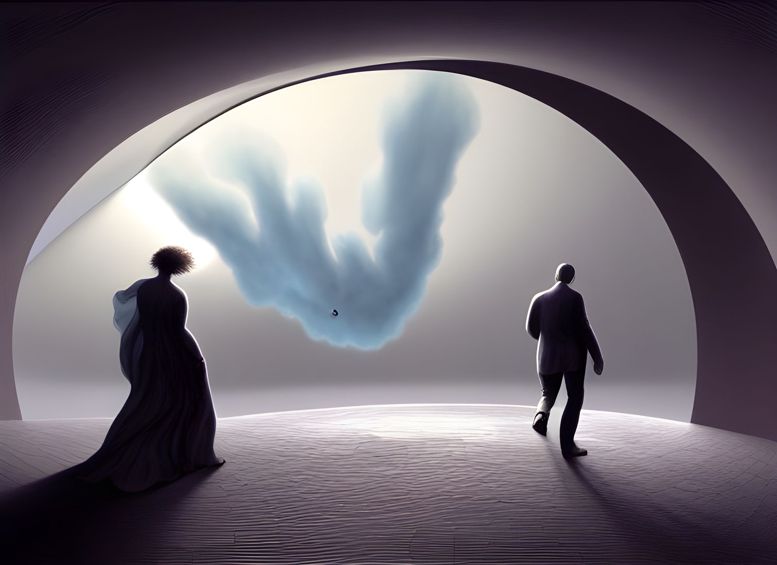 Surreal World Walker on Metal Arch in Clouds