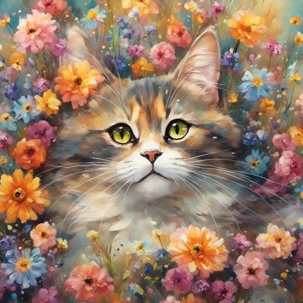 Pearl Cat in Exotic Flowers, Impressionist Oil Painting