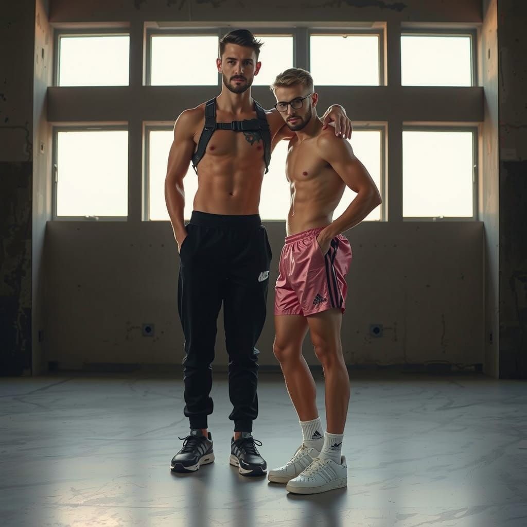 Brutalist Apartment: Two Men in Soft Evening Light
