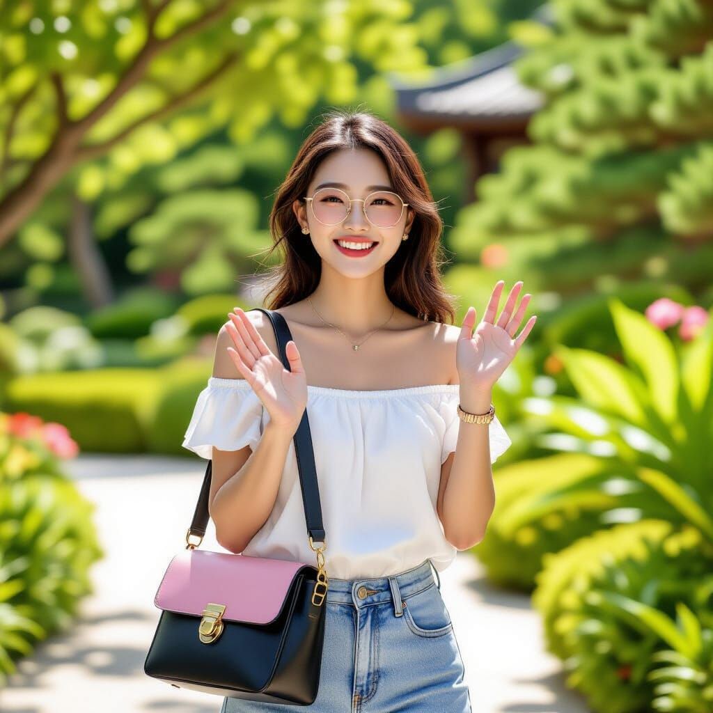 Korean Woman Waving in Sunny Garden, Hyperrealistic Style
