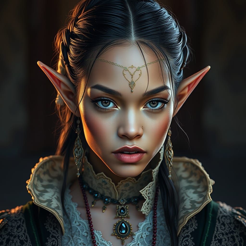 Photorealistic Half-Elf in Ornate Medieval Attire