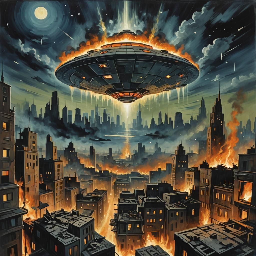 UFO over Burning City in Cubist Style