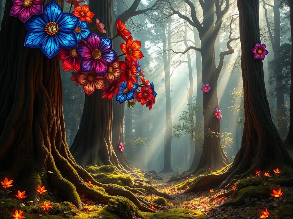 Mystical Forest in Vibrant Stained-Glass Style