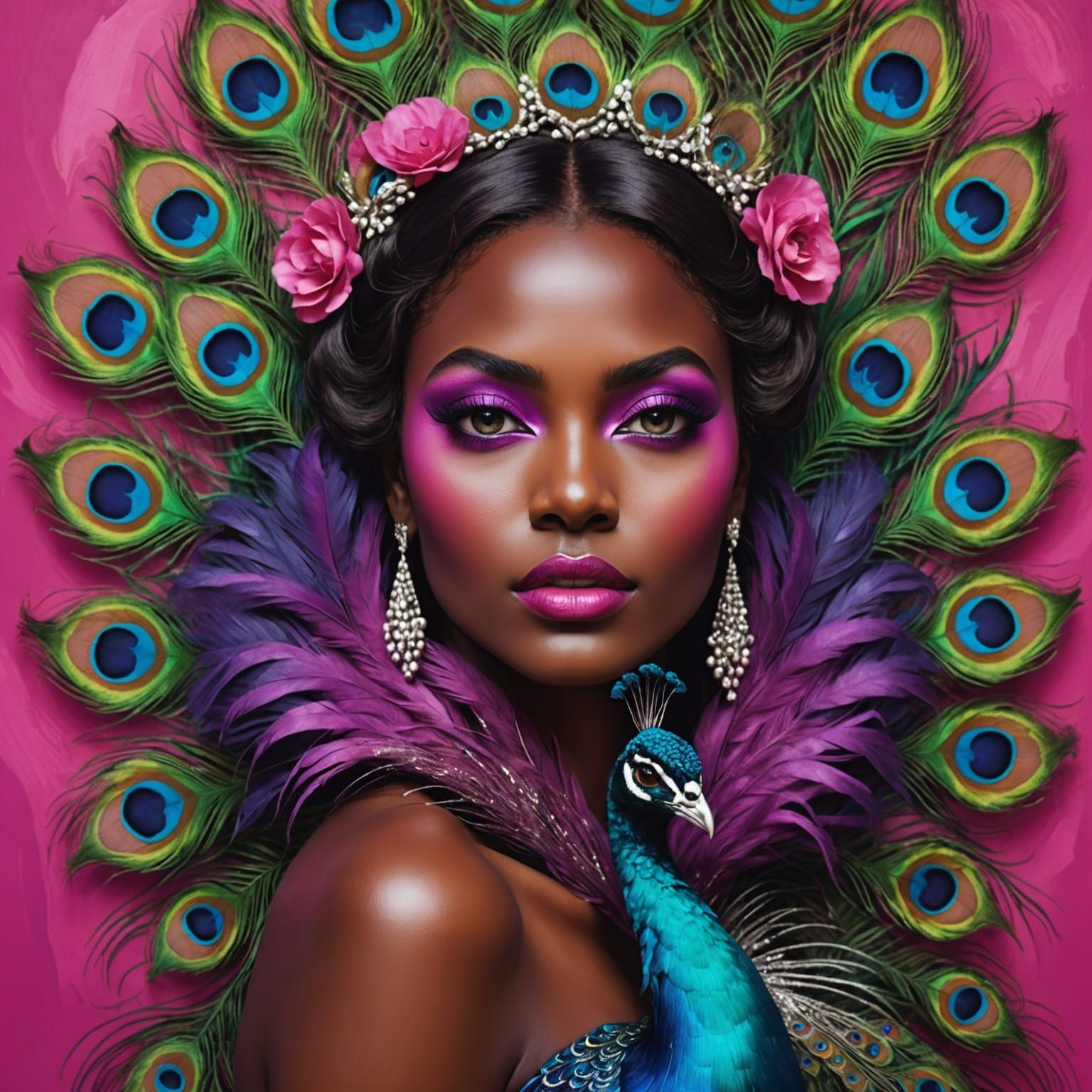 Peacock Haired Woman Portrait in Abstract Art Style