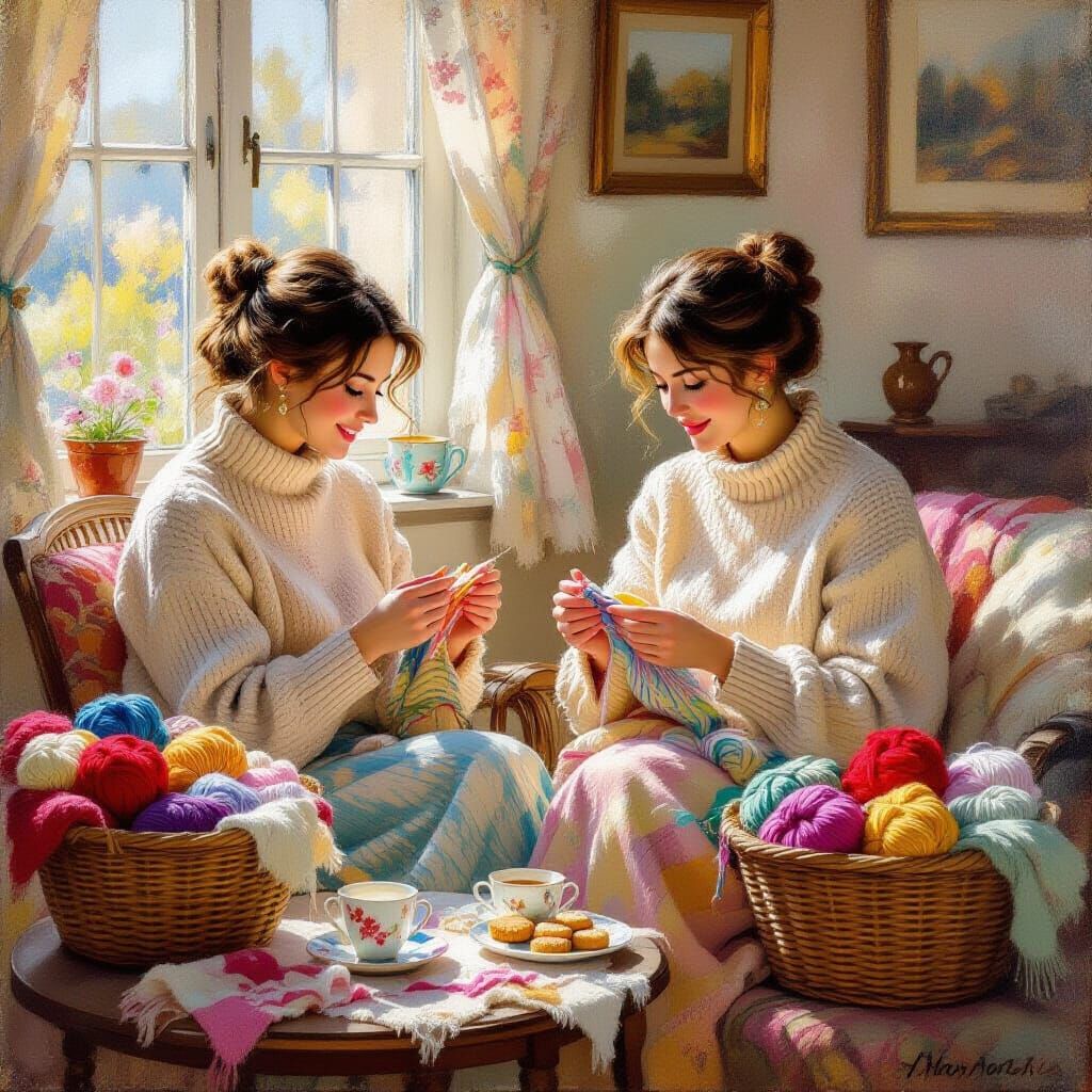 Happy Wives Knitting in Cozy Sunlit Room