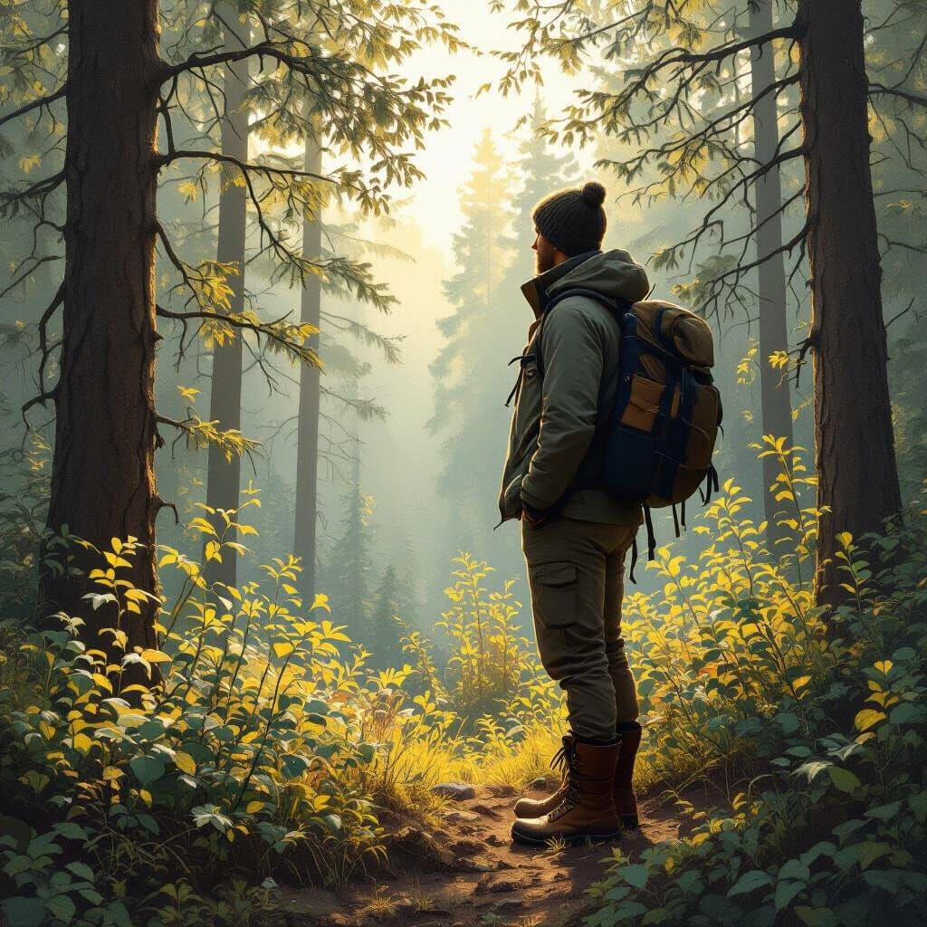 Man at Forest Edge in Atmospheric Lighting