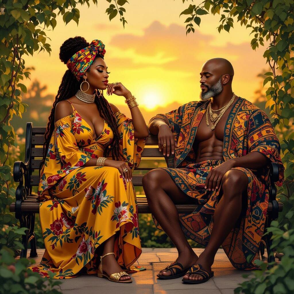 Black Woman and Spouse in a Golden Sunset, Impressionistic S...