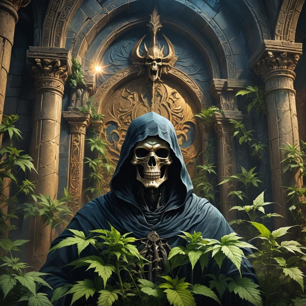 Grim Reaper in Mystical Temple, Dark Fantasy Art