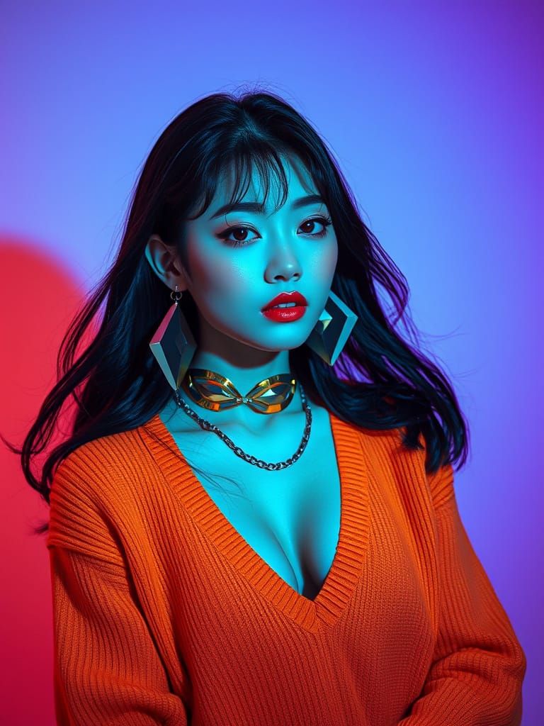 Cyan Studio Portrait of Korean Girl in Retro Style