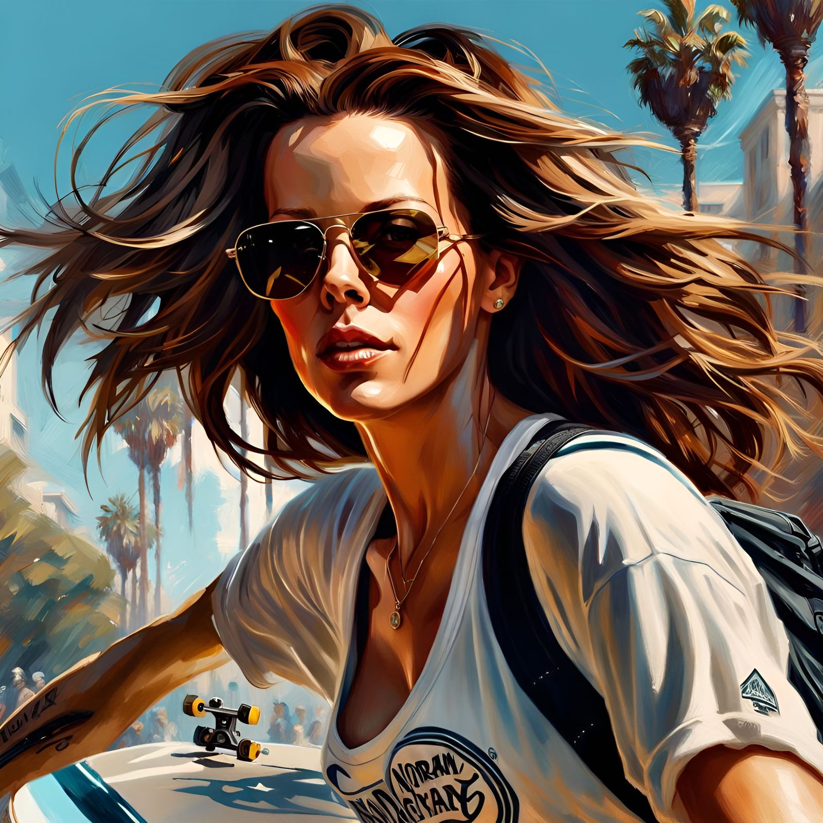 Kate Beckinsale Skateboarding Portrait in Digital Illustrati...