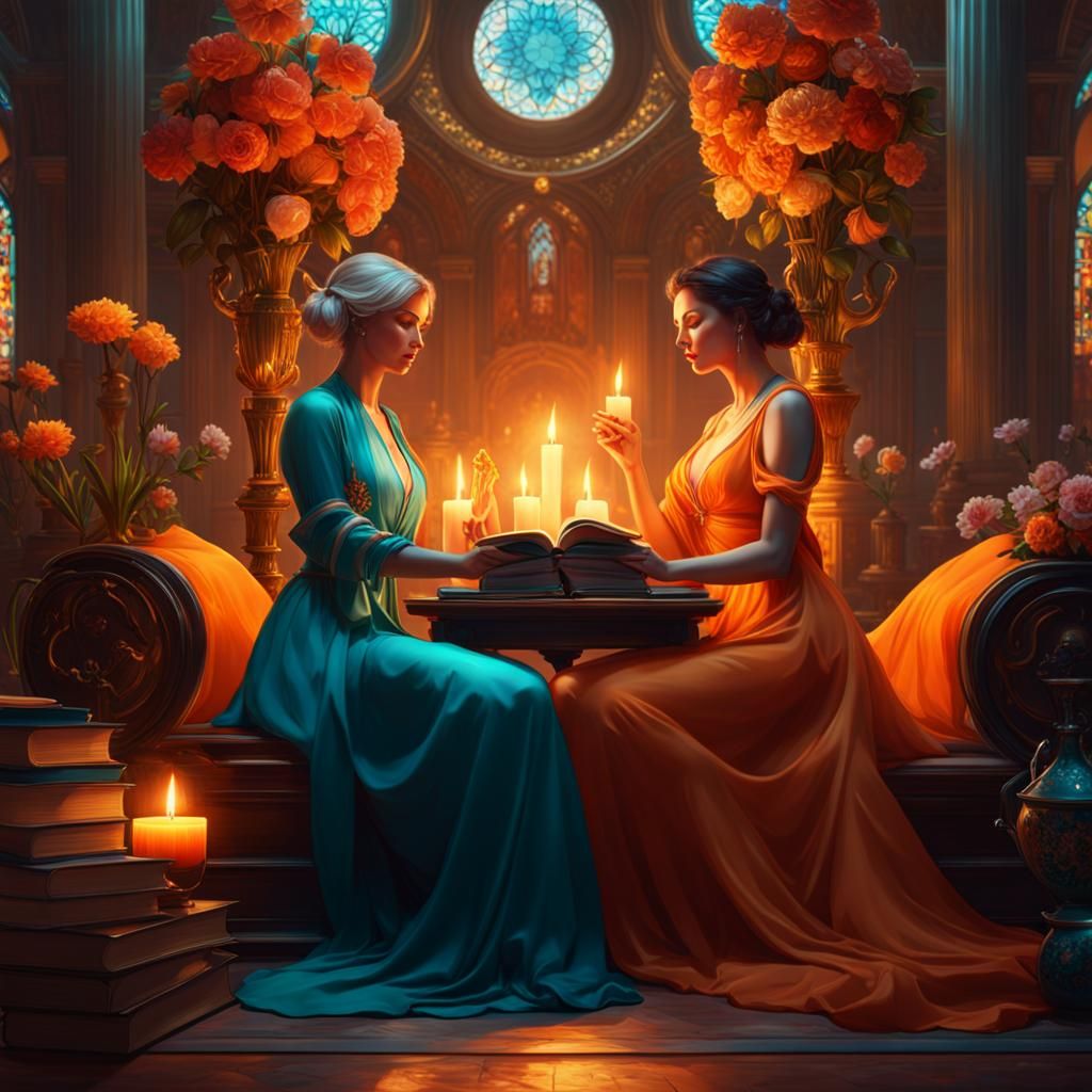 Women Surrounded by Cats and Flowers in Art Nouveau Style