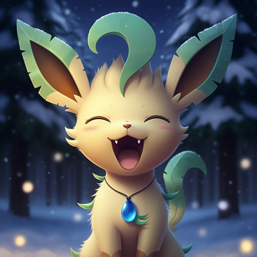 Anime-Style Leafeon in a Snowy Pine Forest