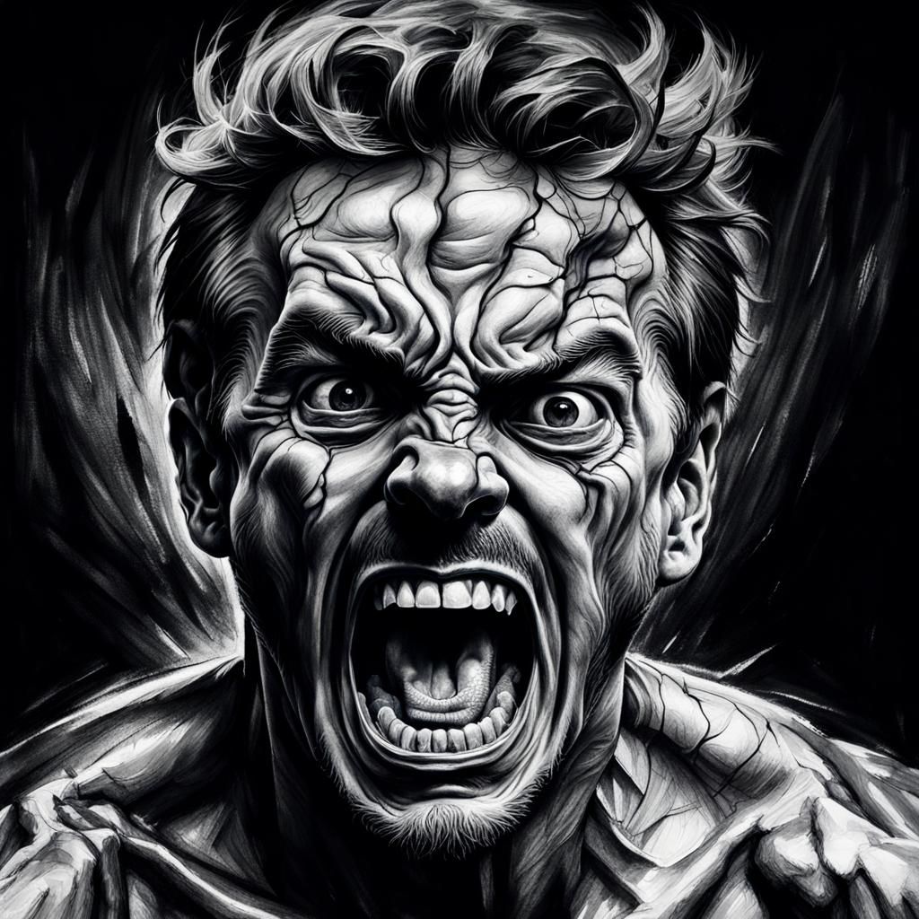Agonized Man: Hyperdetailed Charcoal Portrait