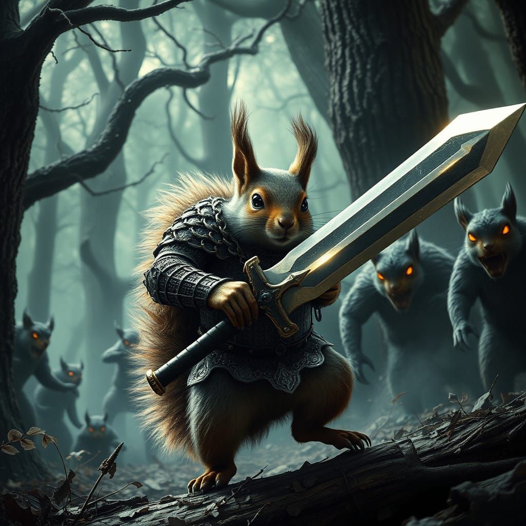 Squirrel Knight Confronts Dark Squirrels in Grim Forest
