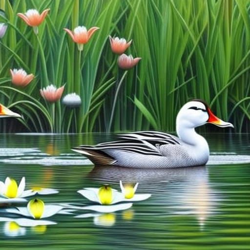 Hyperrealistic White Duck in Lily Pond