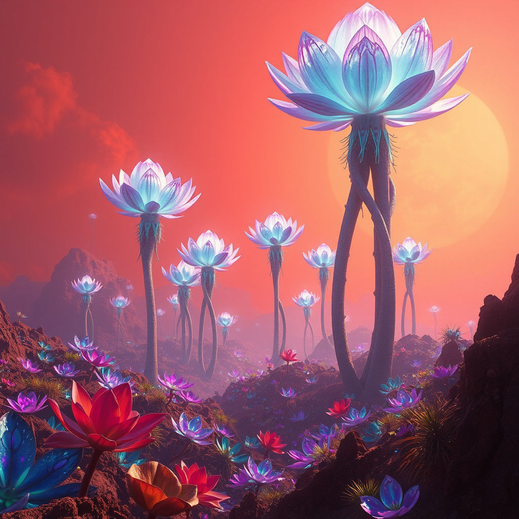 Mystical Martian Landscape with Iridescent Flora