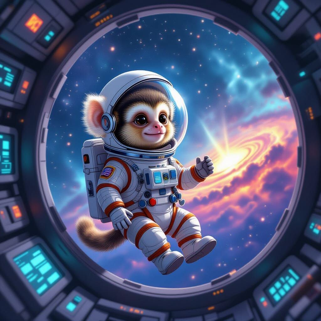 Marmoset Astronaut Gazing at Nebula, Digital Painting Style