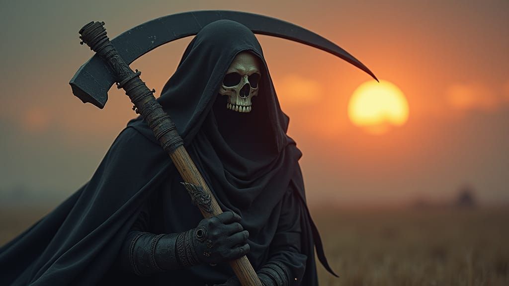 Sinister Reaper Portrait in an Apocalyptic Landscape